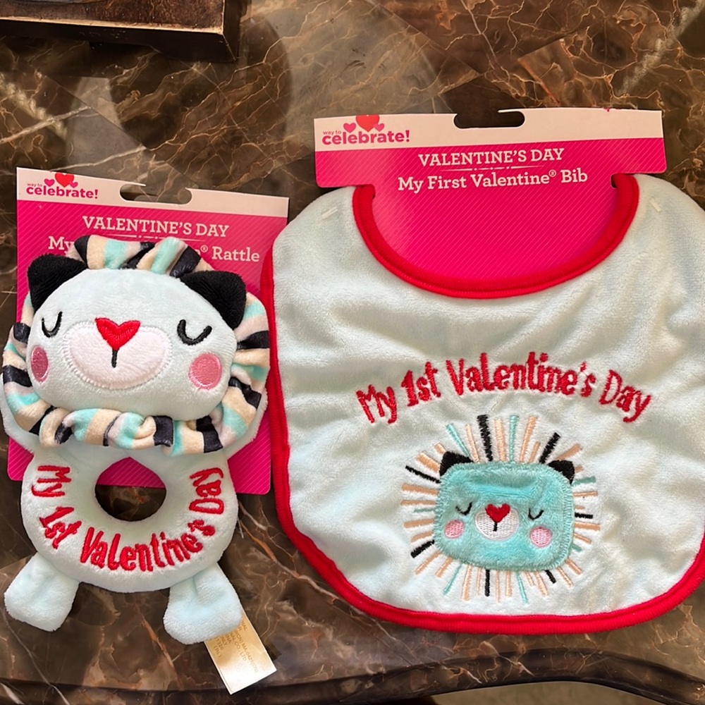 My first Valentine’s bundle bib and rattle